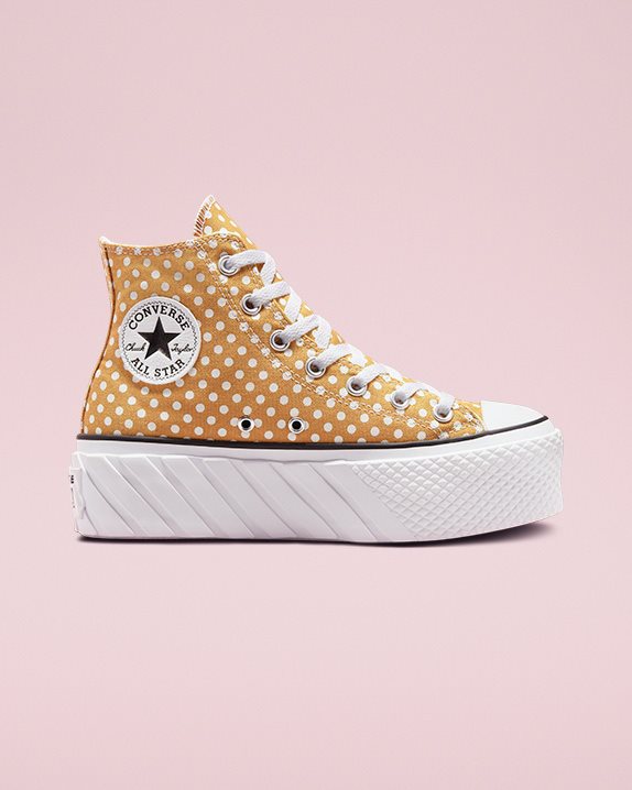 Womens Converse Chuck Taylor All Star Lift 2x Polka Dot High Top Goldtone - Click Image to Close