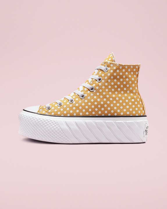 Womens Converse Chuck Taylor All Star Lift 2x Polka Dot High Top Goldtone - Click Image to Close