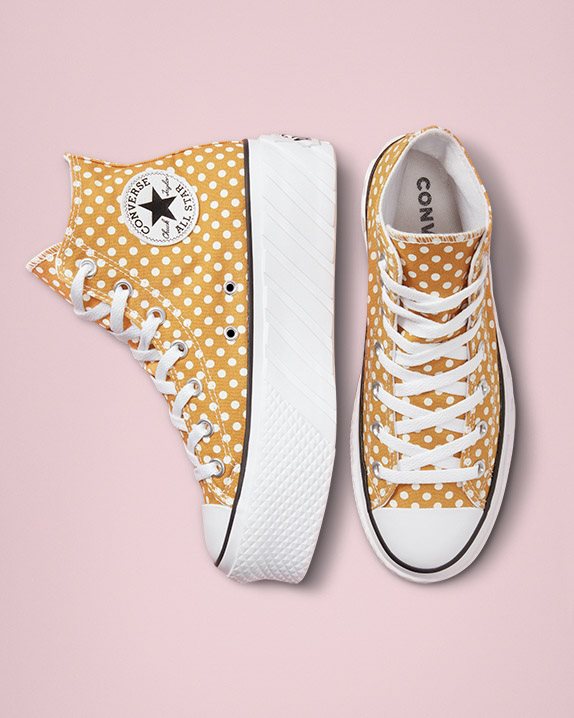 Womens Converse Chuck Taylor All Star Lift 2x Polka Dot High Top Goldtone - Click Image to Close