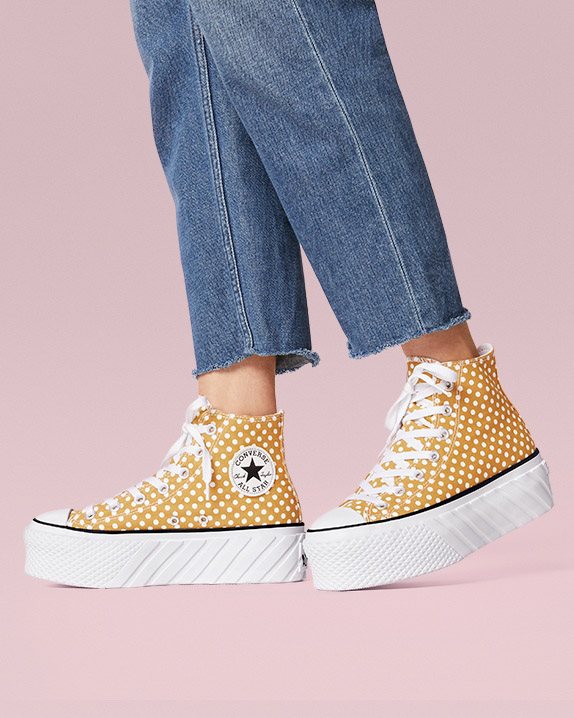 Womens Converse Chuck Taylor All Star Lift 2x Polka Dot High Top Goldtone - Click Image to Close