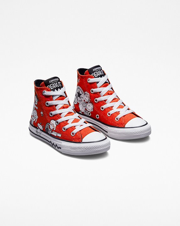 Kids Converse X Peanuts Chuck Taylor All Star Junior High Top Signal Red - Click Image to Close