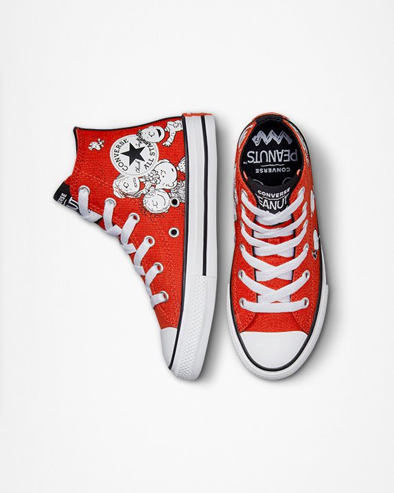 Kids Converse X Peanuts Chuck Taylor All Star Junior High Top Signal Red - Click Image to Close
