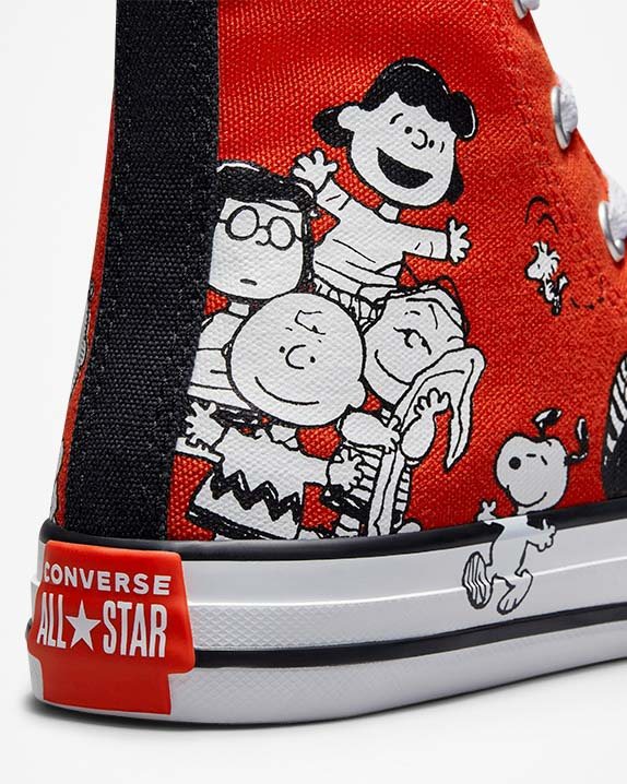 Kids Converse X Peanuts Chuck Taylor All Star Junior High Top Signal Red - Click Image to Close