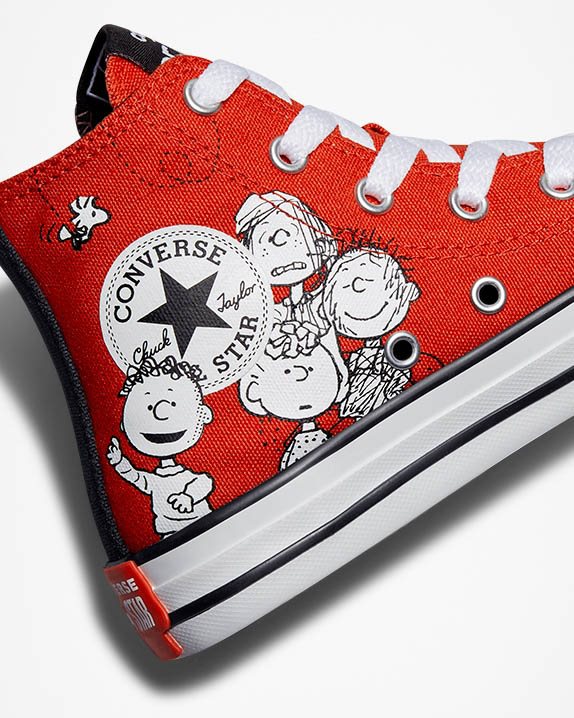 Kids Converse X Peanuts Chuck Taylor All Star Junior High Top Signal Red - Click Image to Close