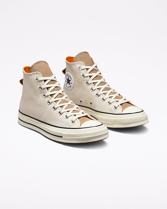 Unisex Converse Chuck 70 Hickory Stripe High Top Desert Sand - Click Image to Close