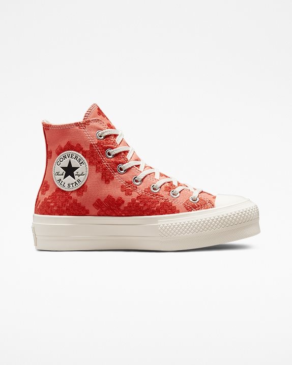 Womens Converse Chuck Taylor All Star Lift Festival Broderie High Top Bright Madder - Click Image to Close