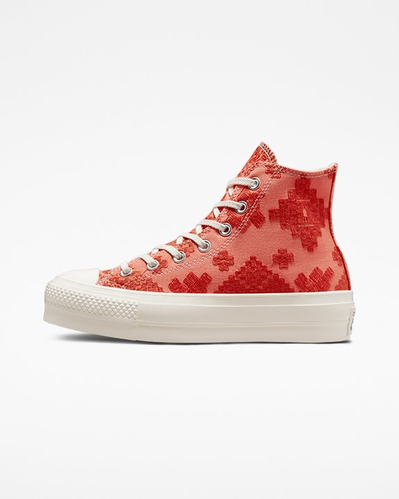 Womens Converse Chuck Taylor All Star Lift Festival Broderie High Top Bright Madder - Click Image to Close