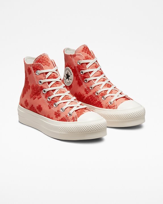 Womens Converse Chuck Taylor All Star Lift Festival Broderie High Top Bright Madder - Click Image to Close