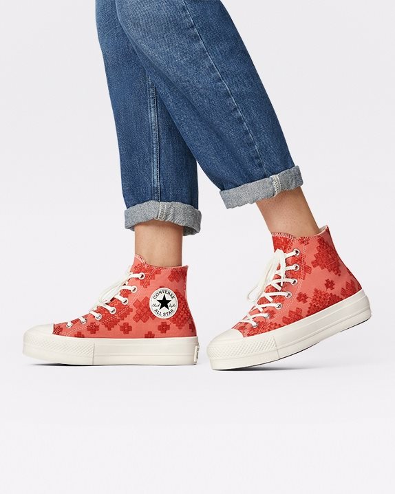 Womens Converse Chuck Taylor All Star Lift Festival Broderie High Top Bright Madder - Click Image to Close